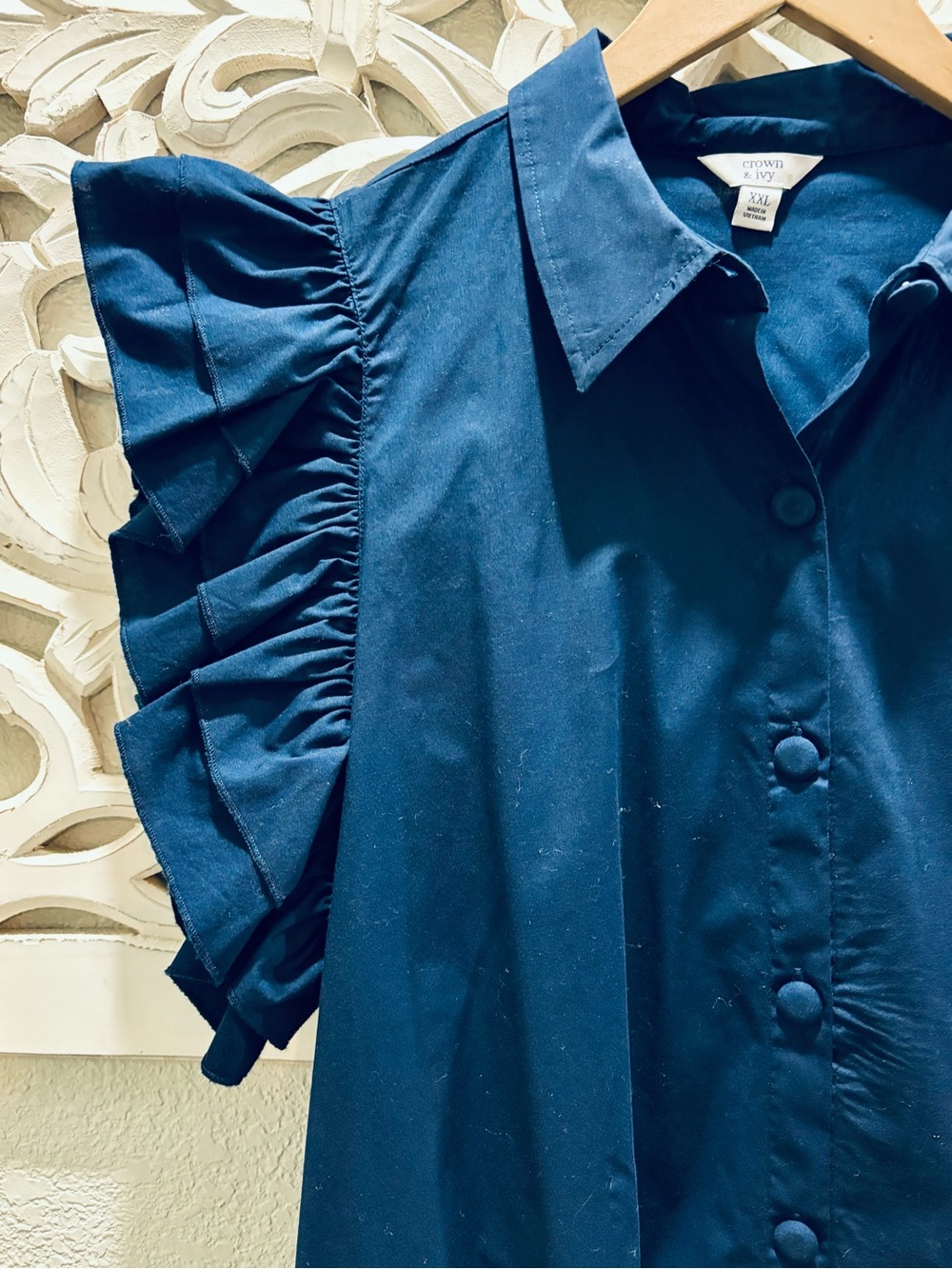 Crown & Ivy Navy Ruffle-Sleeve Button Down Shirt Dress - Picture 5 of 8